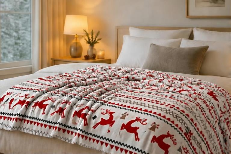 Plaid Noël Motif Cerf - blanc