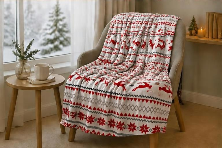 Plaid Noël Motif Cerf - blanc
